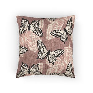 Butterfly Woven Pillow with Insert, Vintage Style Tapestry Cushion, Boho Throw Pillow, Cottagecore Home Decor, Old Rose Filled Accent Pillow