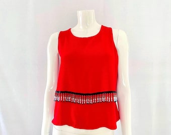 Red Beaded Boho Top: 90s Sleeveless Festival Shirt, Size S