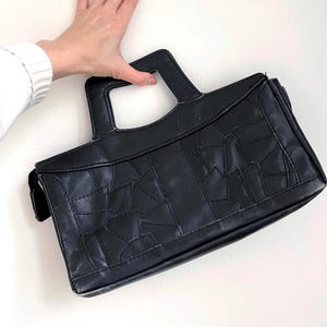 Vintage Black Leather Patchwork Handbag ,Retro Purse with Cutout Handle, Unique 80s Shoulder Bag