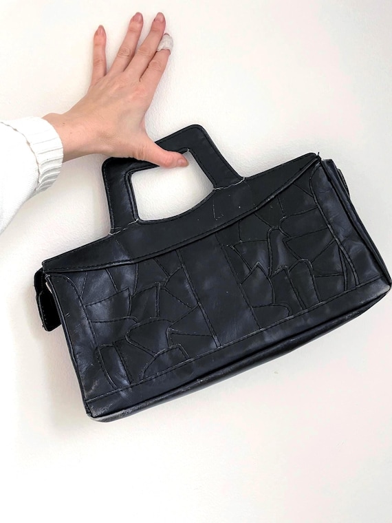 Vintage Black Leather Patchwork Handbag ,Retro Purse with Cutout Handle, Unique 80s Shoulder Bag