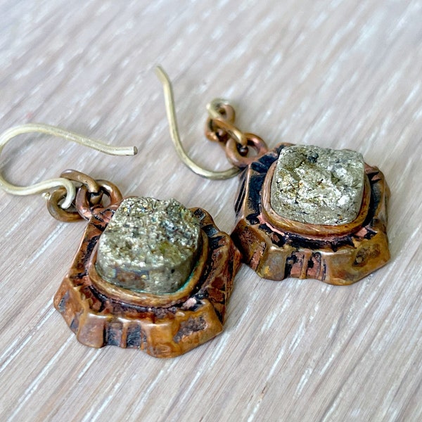 Pentti Sarpaneva Bronze Modernist Earrings with Pyrite "Kelo", Finland