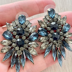 Vintage Statement Rhinestone Earrings, Blue Crystal Cluster Stud Earrings, 1980s Glam Jewelry, Bold Retro Earrings for Women