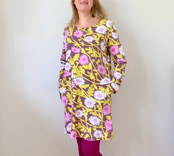 Vintage Marimekko Dress, Floral print Dress, Jerse