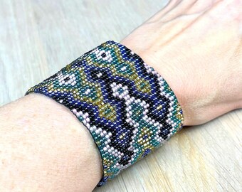Handwoven Seed Bead Cuff Bracelet: Boho Geometric Jewelry