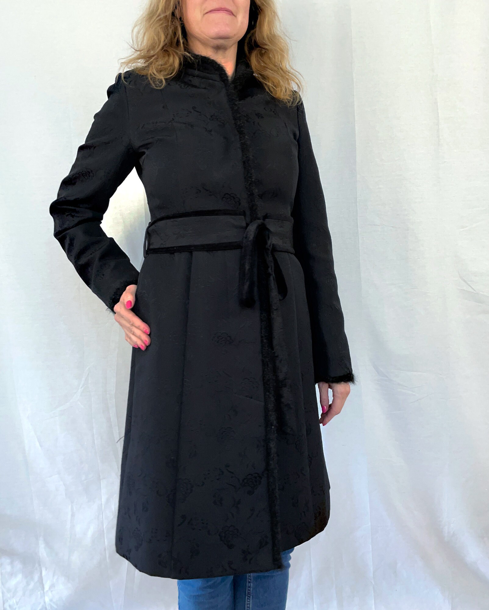 Black Jacquard Trench Coat With Velvet Belt by Soaked in Black Jacquard Trench Coat With Velvet Belt by Soaked in