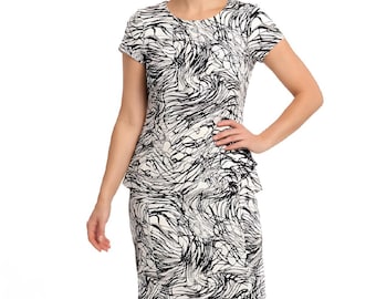 Abstract Print Sheath Dress: Elegant Black and White Office Peplum Dress (Size 40)