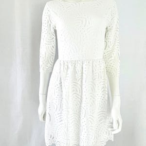 White Lace Dress, Romantic Summer Party Dress, Boho Bridal Shower Dress, 3/4 Sleeve Fit and Flare Scalloped Hem Cocktail Dress, Size S