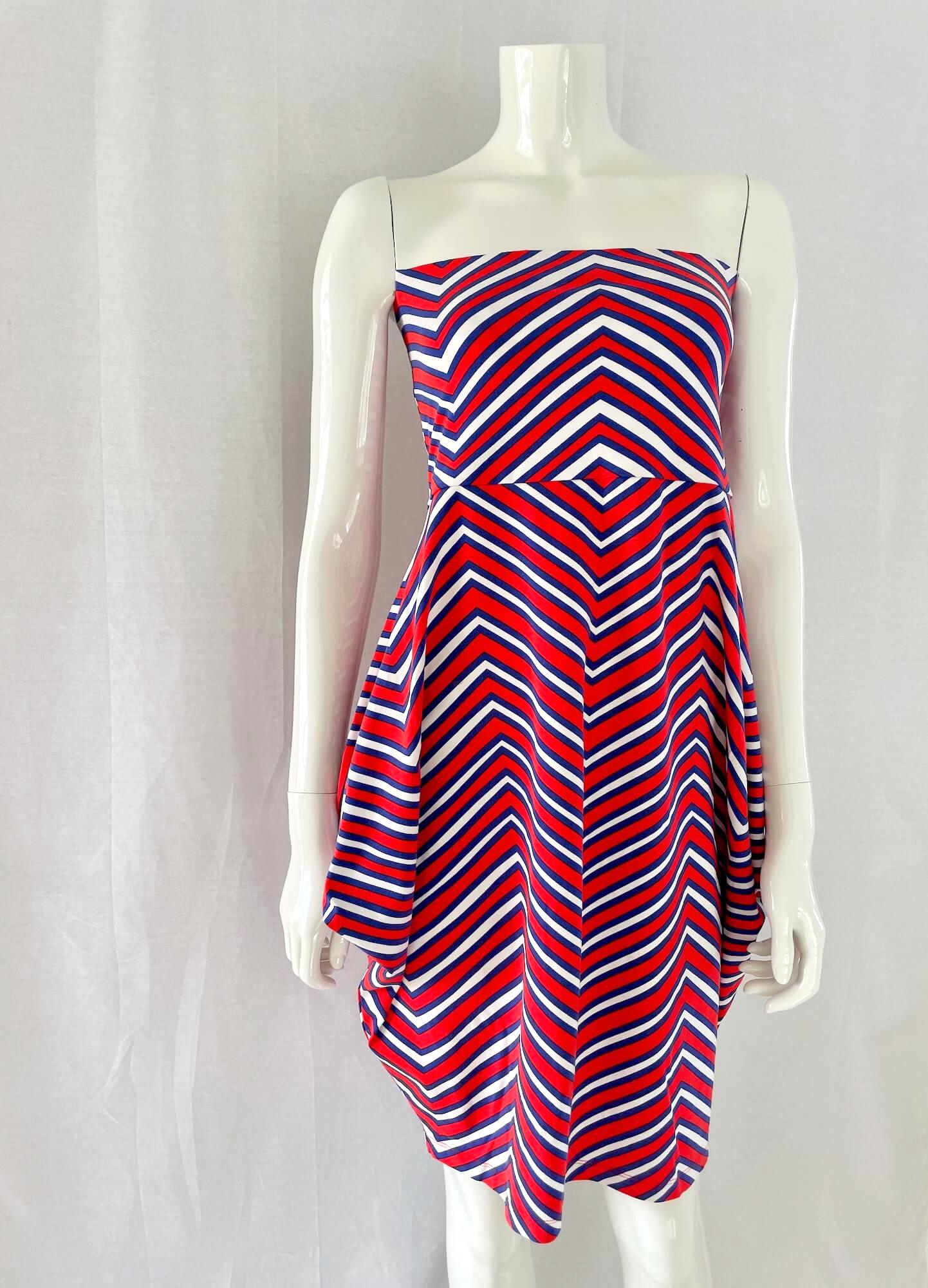 Marimekko Tima Cotton Tube Dress: Red Blue Geometric Strapless Summer Dress, Size Medium