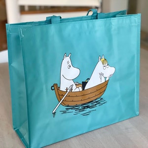 Turquoise Moomin Durable Shopping Bag with Moomintroll and Snorkmaiden, Reusable Market Bag