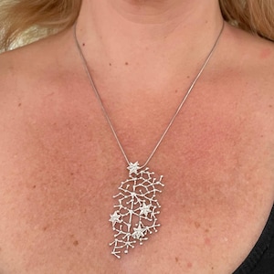 Pode incluir: Um colar prateado com um pendente abstrato. O pendente apresenta uma rede de linhas interligadas com detalhes em forma de estrela. O colar &eacute; suspenso por uma fina corrente prateada. O design &eacute; elegante e moderno.
