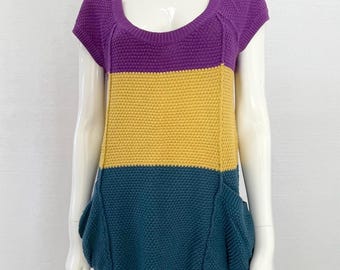Vintage Color Block Sweater Dress, 100% Cotton Knit Tunic, Retro 80s Style Cap Sleeve Mini Dress with Pockets by Annex, Size M