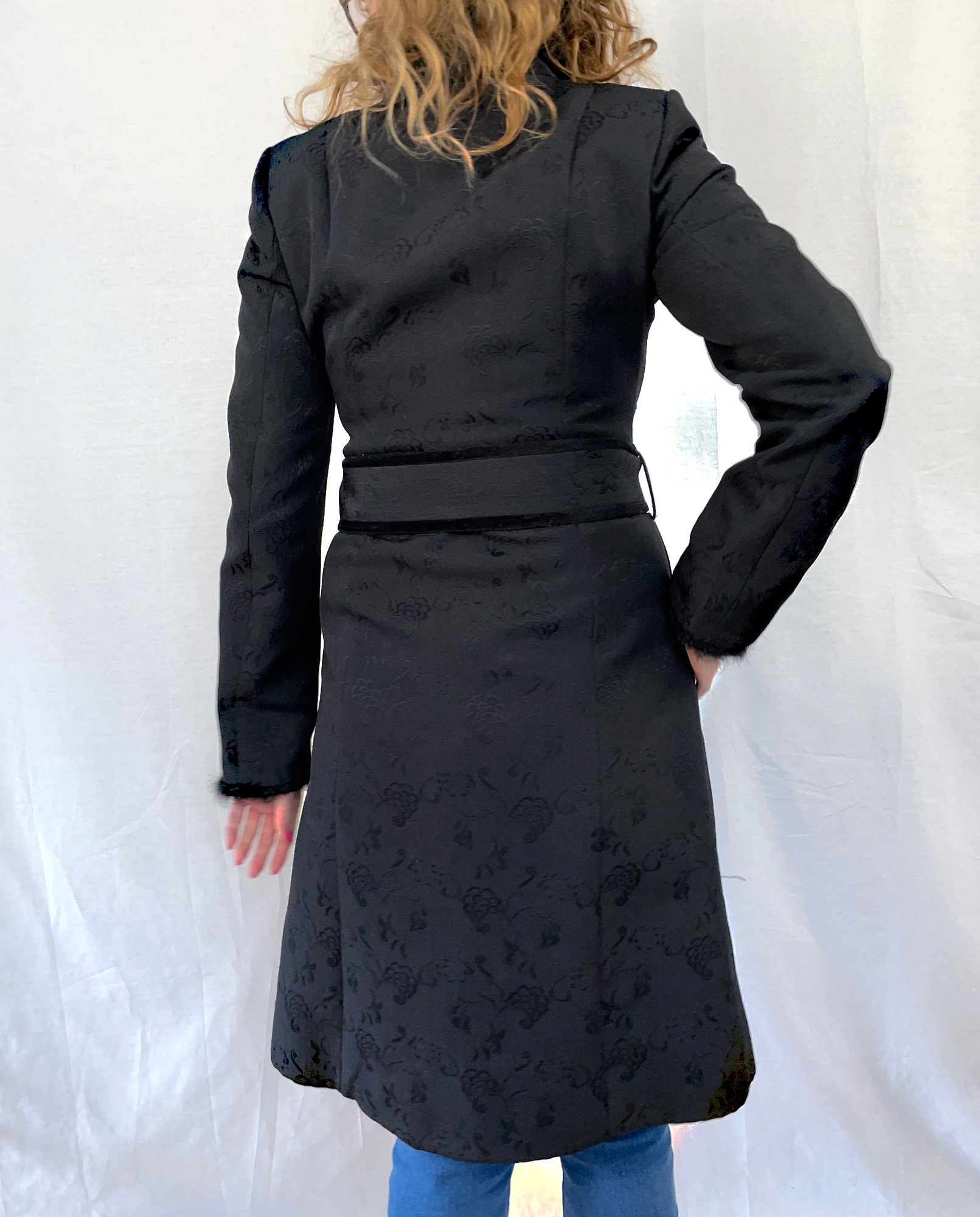 Black Jacquard Trench Coat With Velvet Belt by Soaked in Black Jacquard Trench Coat With Velvet Belt by Soaked in