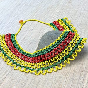 African Beaded Statement Necklace: Red, Yellow, Green - Handmade