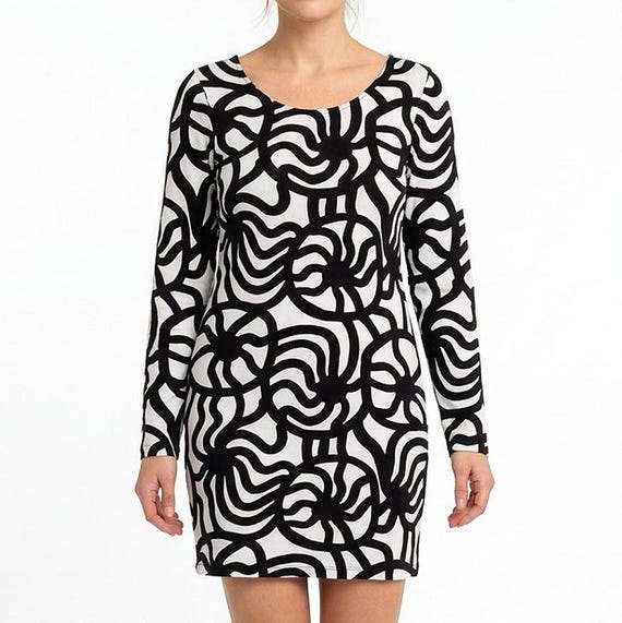 Vintage Marimekko Dress, Black and White Geometric Jersey Dress, Bodycon Cocktail Dress, Size S