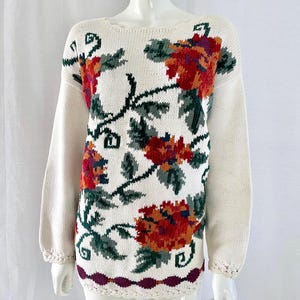 Sweter Vintage Floral Knit firmy Jardin, kremowy sweter, rozmiar L, sweter w kwiaty, wygodny sweter Cottagecore, estetyka lat 90.
