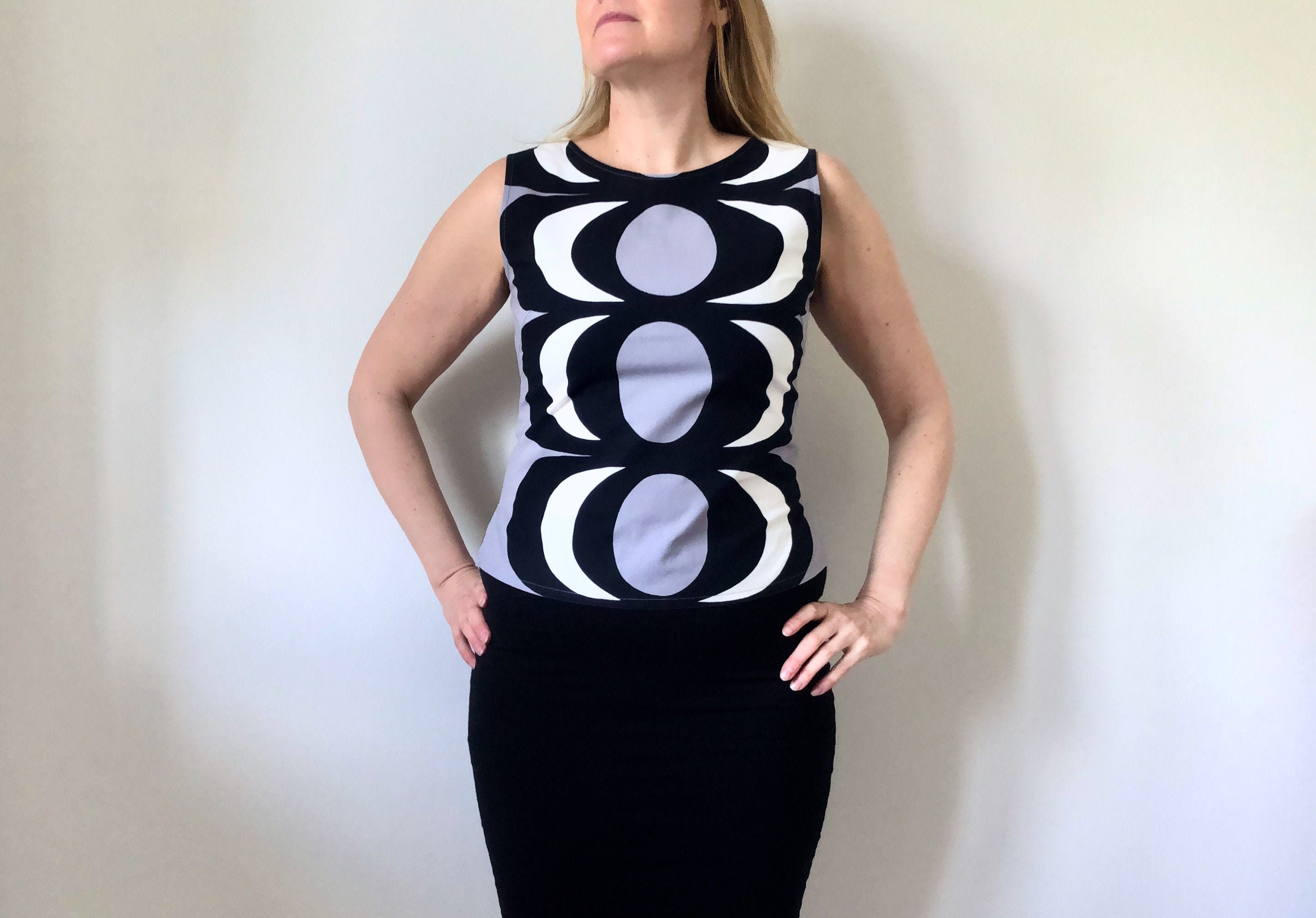 Vintage Marimekko Kaivo Print Top, Retro Mod Sleeveless Cami (UK 