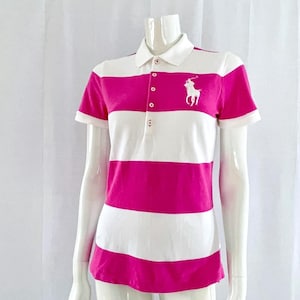 Ralph Lauren Pink White Striped Polo Shirt, Medium Size Skinny Fit, Preppy Casual Cotton Rugby Tee, Y2K Retro Streetwear Top