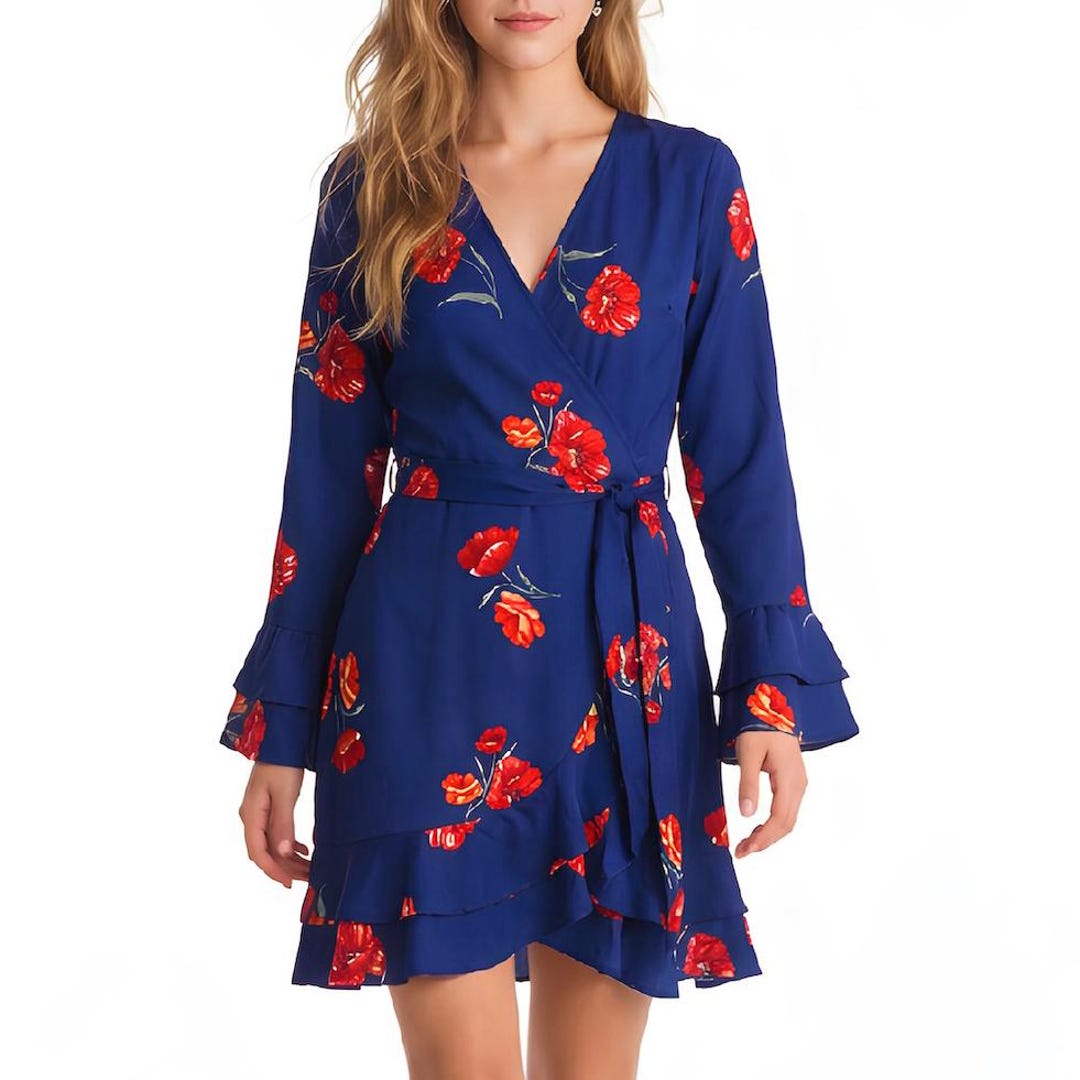 Navy Floral Wrap Dress: Red Poppy Print, Bell Sleeves, Ruffle Hem - Etsy