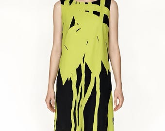 MARIMEKKO Vintageklänning, Grön Djungelmönstrad Shiftklänning, Bomullsklänning Med Fickor, Finland, Storlek M