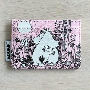 Carteira de cartão Moomin rosa com Moomintroll e Snorkmaiden apaixonados, presente de dia dos namorados