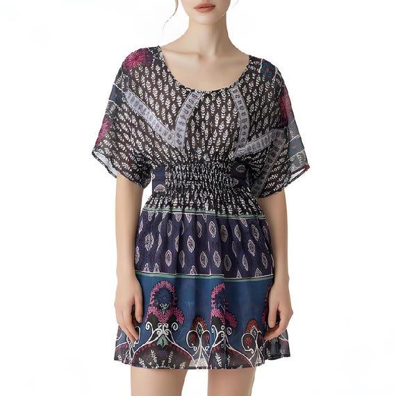 ethnic mini dress Women's Mustard Ethnic Motifs Viscose Tiered Short Dress With Beads, S   Trendia