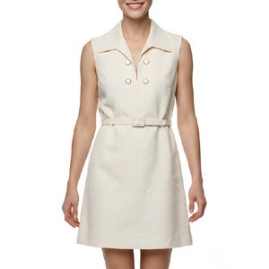 60er Jahre Creme Wolle Strukturierte Mini Kleid, Mod ärmellose Gürtel Shift aus Finnland