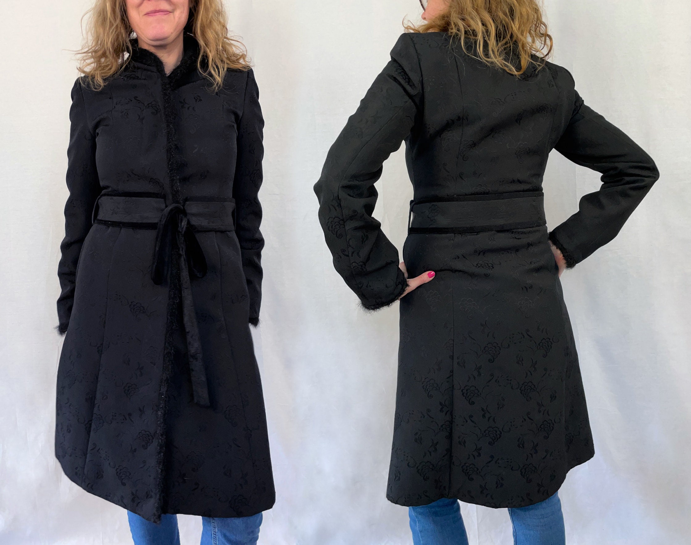 Black Jacquard Trench Coat With Velvet Belt by Soaked in Black Jacquard Trench Coat With Velvet Belt by Soaked in