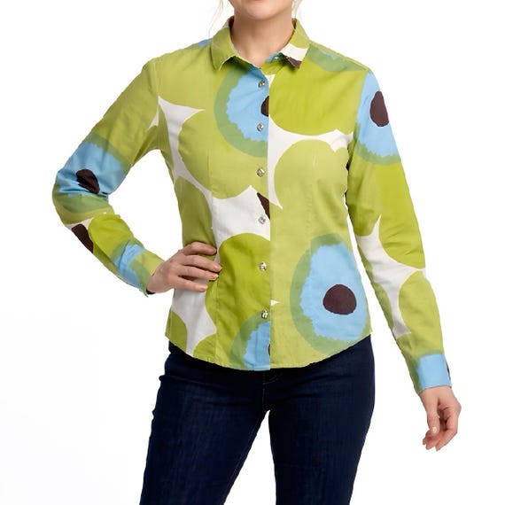 Green MARIMEKKO Unikko Shirt, Floral Blouse, Poppy Print Button up
