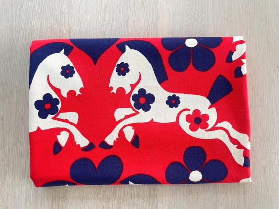 70s Horse Print Vintage Cotton Fabric: Red Floral Nursery Decor
