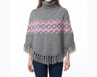 Fair Isle Knit Poncho: Gray Pink Fringe Turtleneck Cape