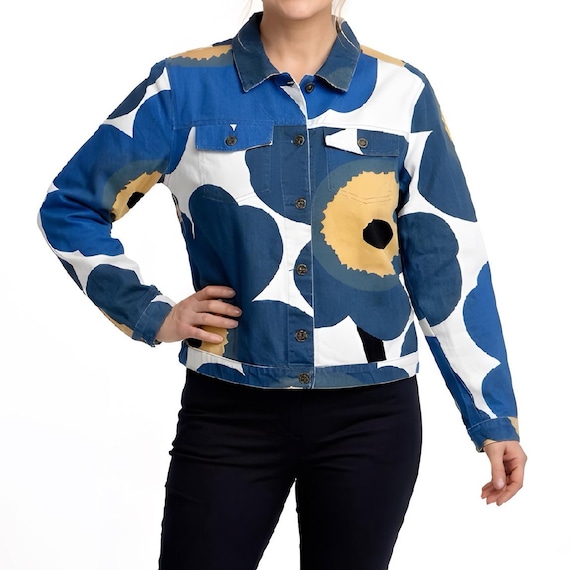 Vintage MARIMEKKO Unikko Denim Jacket, Blue Poppy Print, Size 38