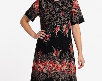 Vintage Dress by Modelia Finland: 60s Black A-Line with Red Floral Print