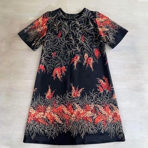 Vintage Modelia Finland Floral Dress, Black A-Line Dress with Red Botanical Print, Retro Finnish Fashion, 60s Shift Dress, Size S/M