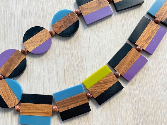 Marimekko Statement Necklace: Wood Resin Colorblock Geometric