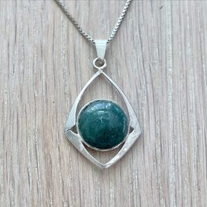 Vintage Sterling Silver Pendant with Moss Agate Gemstone, Modernist 925 Necklace, Geometric Boho Jewelry Gift
