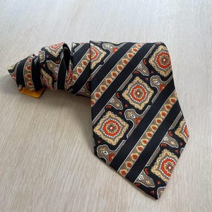 Vintage 70s Wide Tie, Black Red Gold Striped Necktie, Bold Retro Menswear, Statement Accessory, Gift for Him