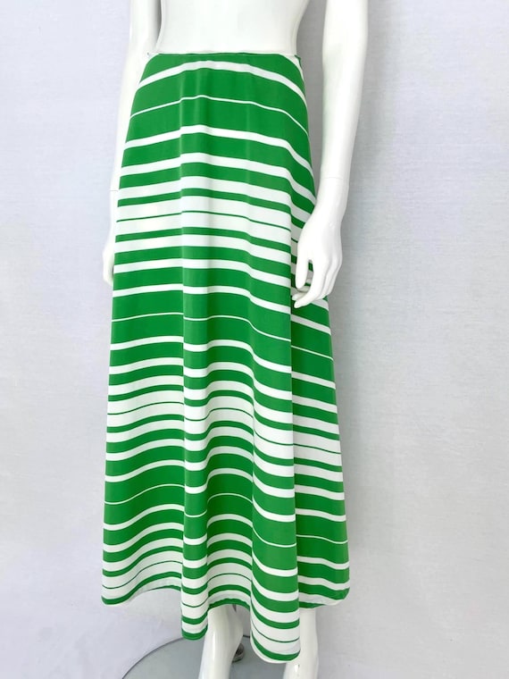 70s Green Striped Maxi Skirt: High Waist A-line Boho Skirt, Size