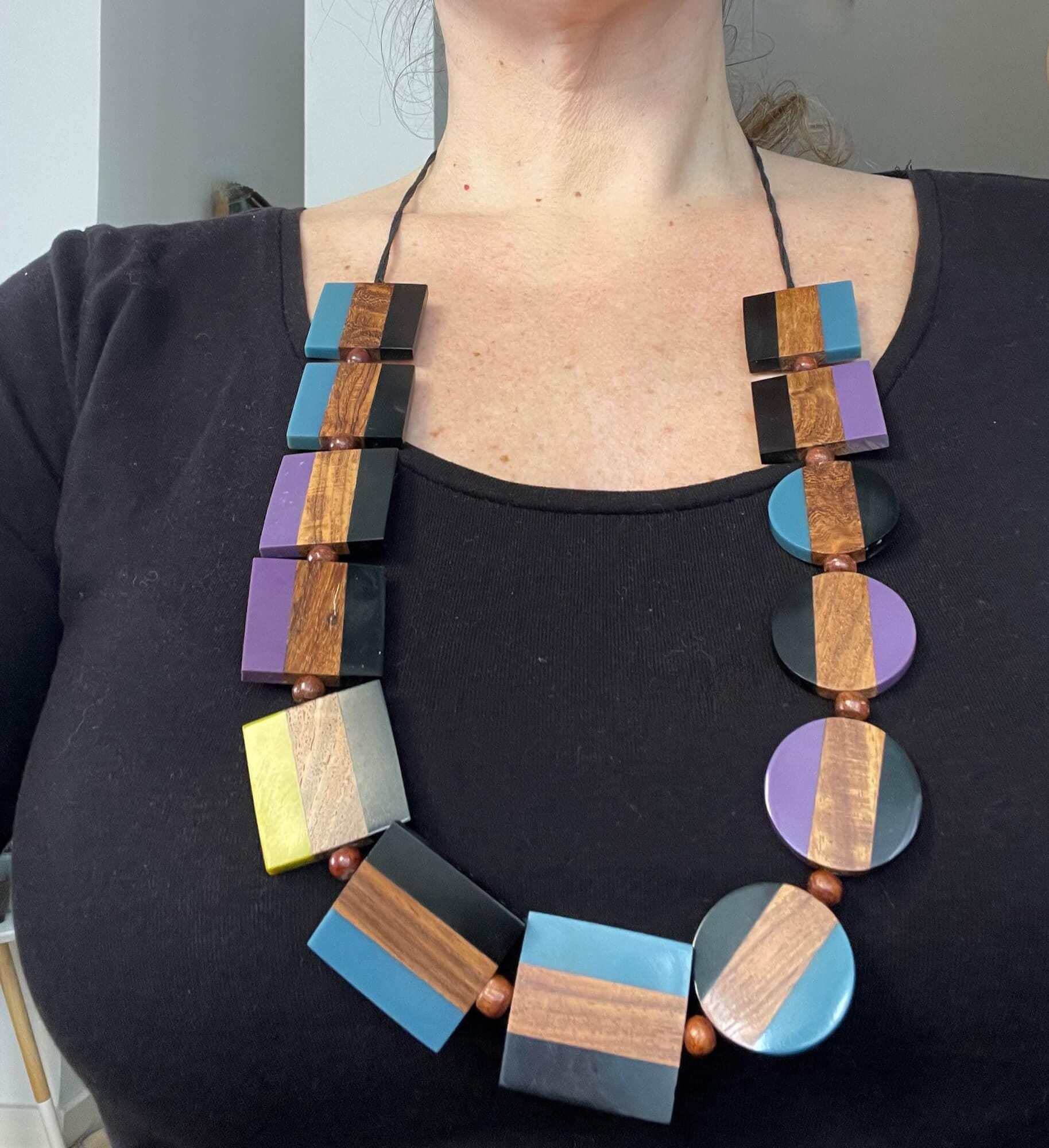 Marimekko Statement Necklace: Wood Resin Colorblock Geometric 