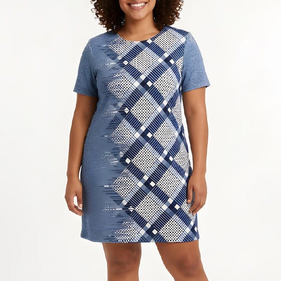 Vintage Blue Plaid Shift Dress: 90s Minimalist T-Shirt Dress, 3X