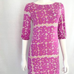 Vintage Marimekko Dress, Pink Viscose Dress with Pockets, Retro Shift Dress, XS, Scandinavian Abstract print Jersey Dress, Long Tunic Dress