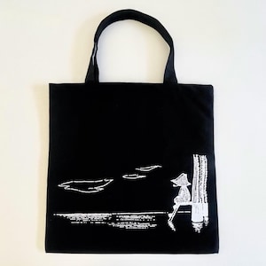 Moomin Snufkin Black Canvas Tote Bag, Eco-Friendly Recycled Cotton Shopper, Literary Character Print Tote
