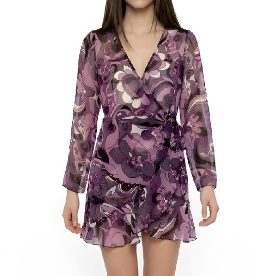 Indiska Purple Floral Wrap Dress, Sheer Boho Festival Mini Dress 70s Style,  Size S - Etsy UK