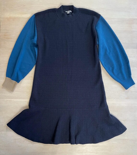cos blue knit dress COS Womens Navy Blue Knit Bell Sleeve Mock Neck Shift Dress Size Small