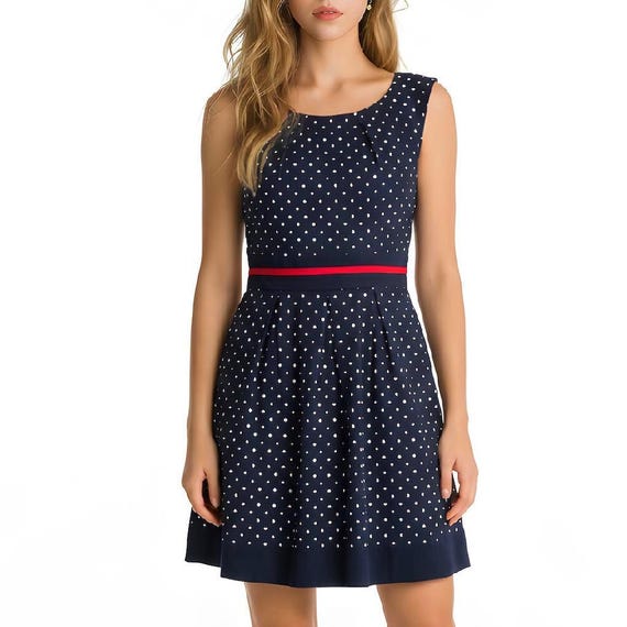 Navy Blue Polka Dot Dress, Vintage Fit and Flare Dress, Sleeveless Cocktail  Dress With Red Waist, 50s Style Party Dress, S/M, Made in Italy - Etsy