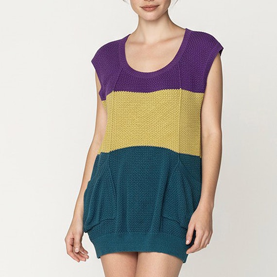 Vintage Color Block Knit Mini Dress: 80s Retro Tunic With Pockets, Size M -  Etsy