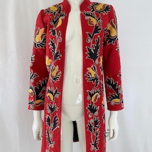 Red Suzani Jacket, Vintage Red Embroidered Jacket, Bohemian Coat, Ethnic Floral Design, Size XS, Gift for women