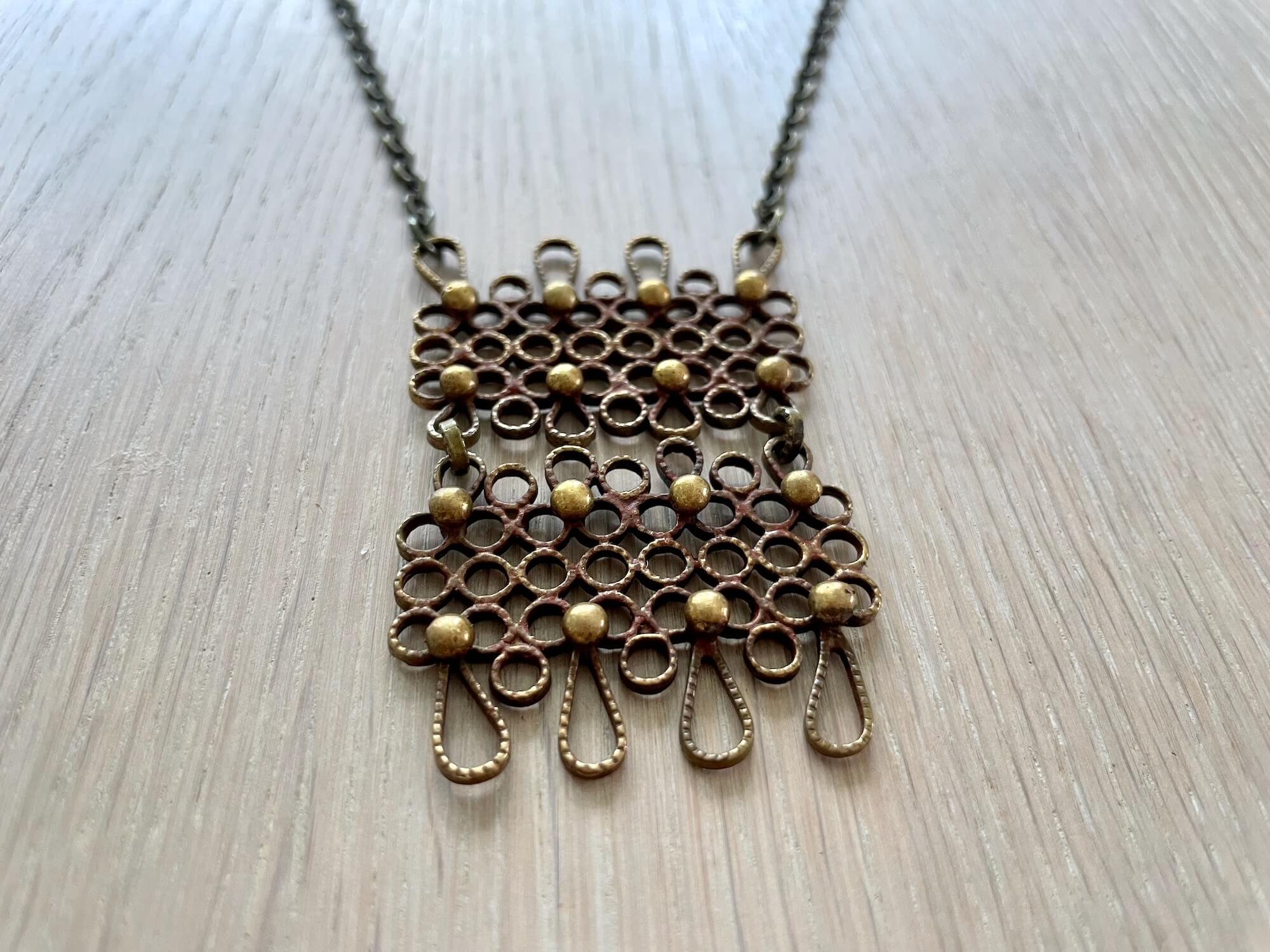 Vintage Finnish Brass Filigree Necklace, Boho Folk Jewelry, Handmade Look Statement Pendant, Nordic Retro Chain Necklace ,1970s Style Gift