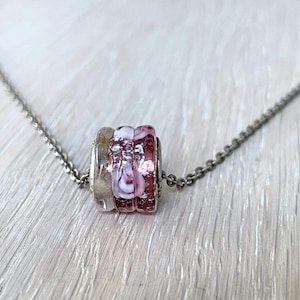 Sterling Silver Pink Murano Glass Charm Necklace, Handmade Bead Pendant, Jewelry Gift for Her