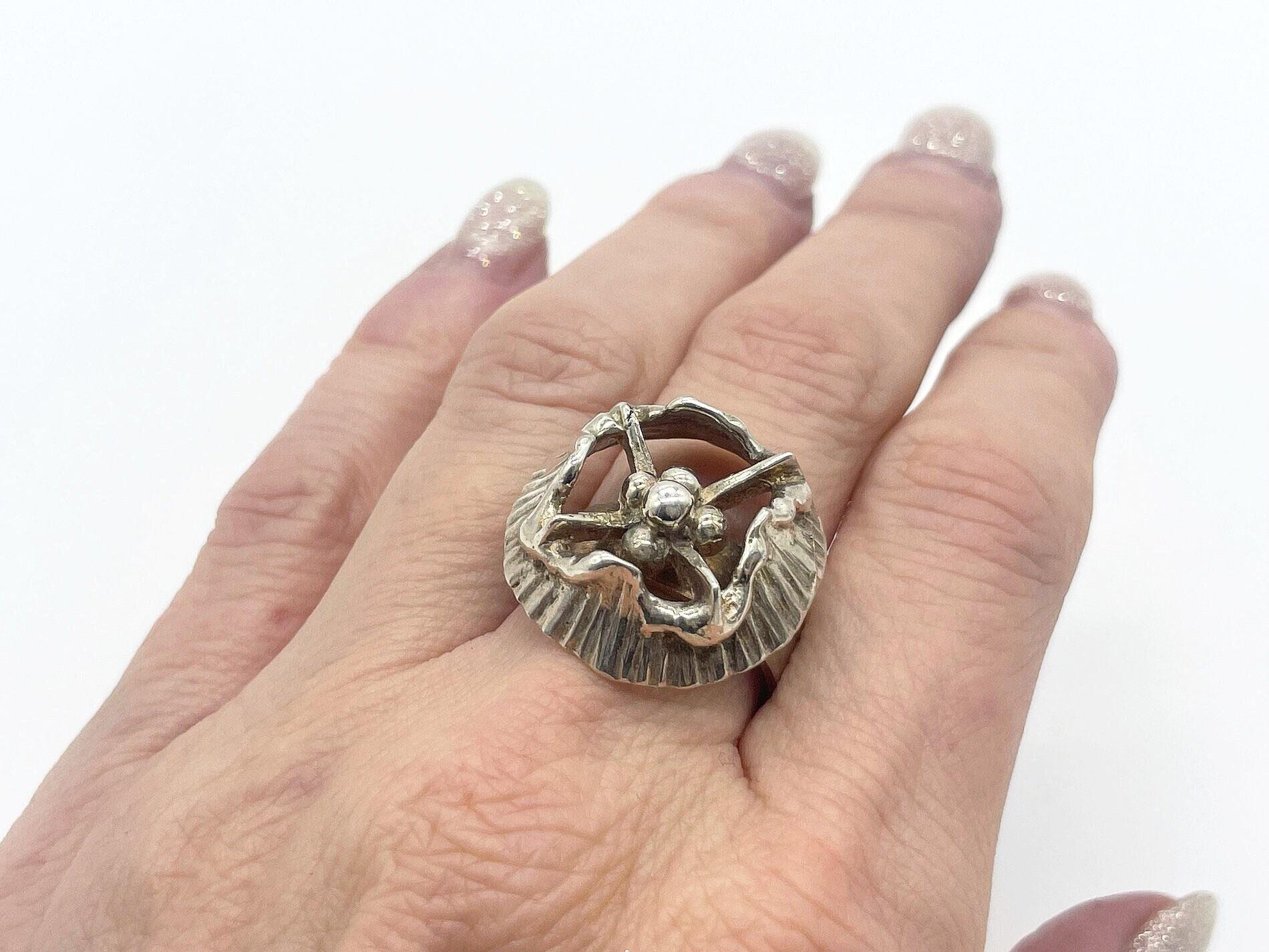 Sten & Laine Finland 70s Sterling Silver Modernist Statement Ring, Vintage Scandinavian Jewelry, Collectible 925 Silver Ring