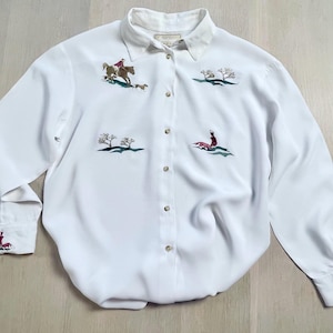 Camicia bianca vintage ricamata, camicia abbottonata Santarelli Horse Rider Fox Hunt, camicetta equestre a maniche lunghe, camicia western retrò, taglia S